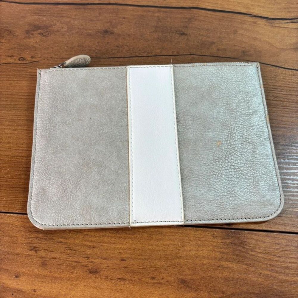 Loft Metallic Silver Leather Zip Clutch Pouch White Center Stripe Rhinestone
